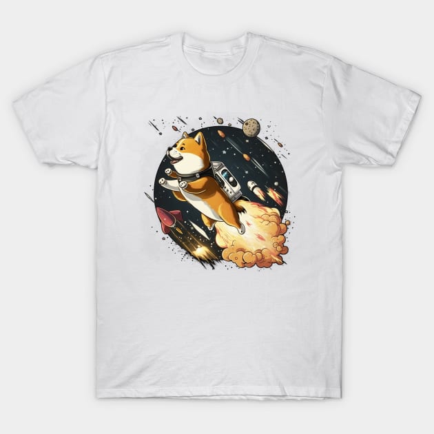 shiba inu flying into space with a rocket T-Shirt by bmron